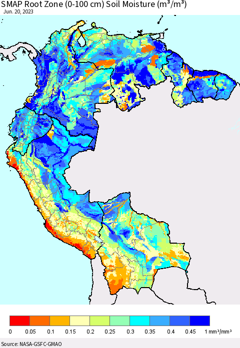 Northern South America SMAP Root Zone (0-100 cm) Soil Moisture (m³/m³) Thematic Map For 6/16/2023 - 6/20/2023