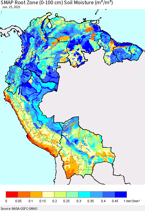 Northern South America SMAP Root Zone (0-100 cm) Soil Moisture (m³/m³) Thematic Map For 6/21/2023 - 6/25/2023