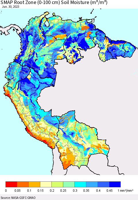 Northern South America SMAP Root Zone (0-100 cm) Soil Moisture (m³/m³) Thematic Map For 6/26/2023 - 6/30/2023