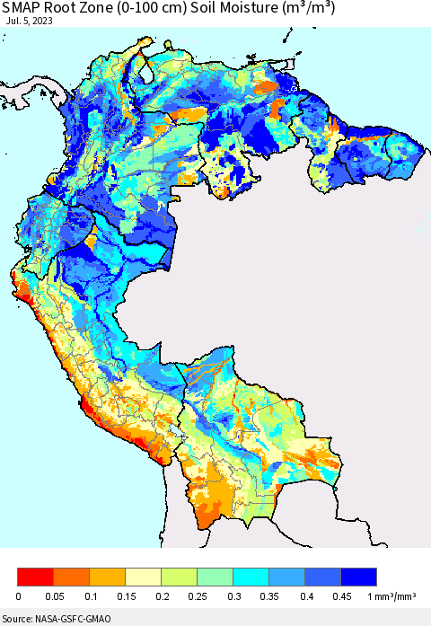 Northern South America SMAP Root Zone (0-100 cm) Soil Moisture (m³/m³) Thematic Map For 7/1/2023 - 7/5/2023