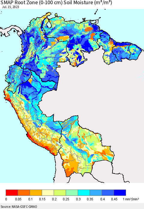 Northern South America SMAP Root Zone (0-100 cm) Soil Moisture (m³/m³) Thematic Map For 7/11/2023 - 7/15/2023