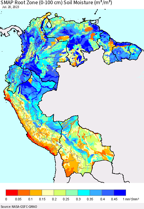 Northern South America SMAP Root Zone (0-100 cm) Soil Moisture (m³/m³) Thematic Map For 7/16/2023 - 7/20/2023