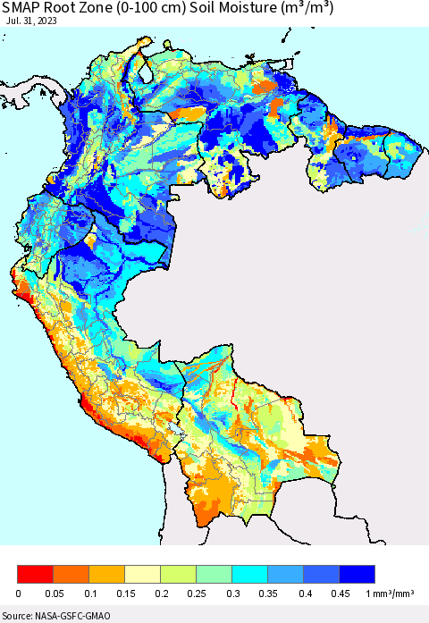 Northern South America SMAP Root Zone (0-100 cm) Soil Moisture (m³/m³) Thematic Map For 7/26/2023 - 7/31/2023
