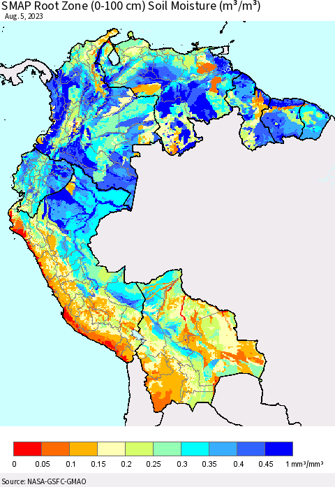 Northern South America SMAP Root Zone (0-100 cm) Soil Moisture (m³/m³) Thematic Map For 8/1/2023 - 8/5/2023