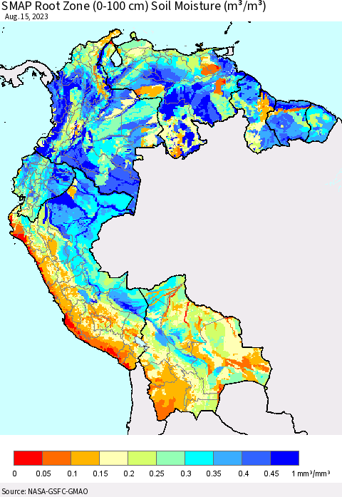 Northern South America SMAP Root Zone (0-100 cm) Soil Moisture (m³/m³) Thematic Map For 8/11/2023 - 8/15/2023