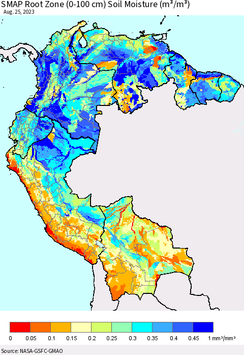 Northern South America SMAP Root Zone (0-100 cm) Soil Moisture (m³/m³) Thematic Map For 8/21/2023 - 8/25/2023