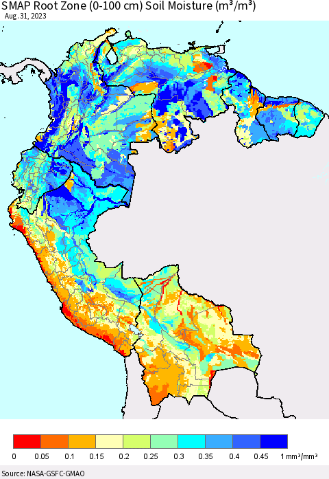 Northern South America SMAP Root Zone (0-100 cm) Soil Moisture (m³/m³) Thematic Map For 8/26/2023 - 8/31/2023