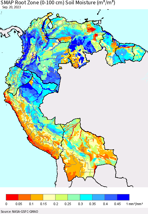 Northern South America SMAP Root Zone (0-100 cm) Soil Moisture (m³/m³) Thematic Map For 9/16/2023 - 9/20/2023