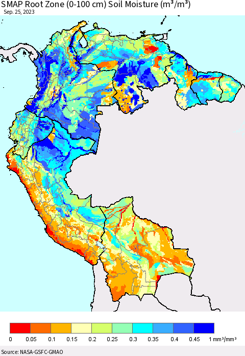 Northern South America SMAP Root Zone (0-100 cm) Soil Moisture (m³/m³) Thematic Map For 9/21/2023 - 9/25/2023