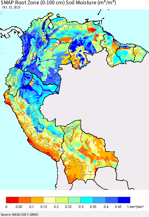 Northern South America SMAP Root Zone (0-100 cm) Soil Moisture (m³/m³) Thematic Map For 10/11/2023 - 10/15/2023