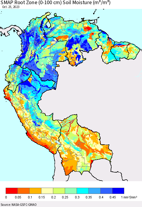 Northern South America SMAP Root Zone (0-100 cm) Soil Moisture (m³/m³) Thematic Map For 10/21/2023 - 10/25/2023