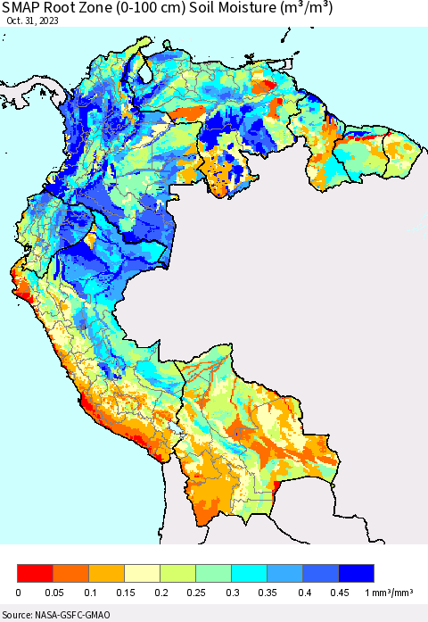 Northern South America SMAP Root Zone (0-100 cm) Soil Moisture (m³/m³) Thematic Map For 10/26/2023 - 10/31/2023