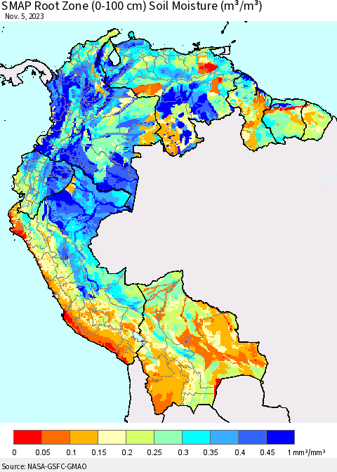 Northern South America SMAP Root Zone (0-100 cm) Soil Moisture (m³/m³) Thematic Map For 11/1/2023 - 11/5/2023