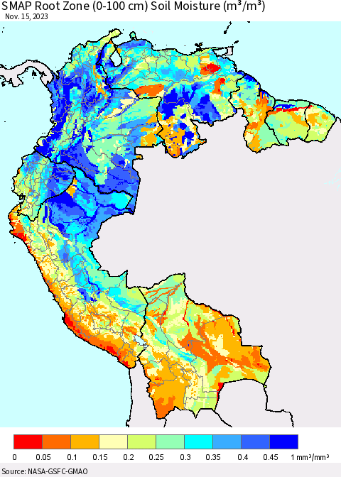 Northern South America SMAP Root Zone (0-100 cm) Soil Moisture (m³/m³) Thematic Map For 11/11/2023 - 11/15/2023