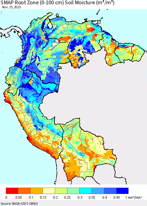 Northern South America SMAP Root Zone (0-100 cm) Soil Moisture (m³/m³) Thematic Map For 11/21/2023 - 11/25/2023