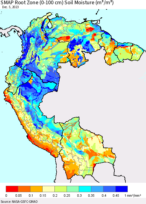 Northern South America SMAP Root Zone (0-100 cm) Soil Moisture (m³/m³) Thematic Map For 12/1/2023 - 12/5/2023