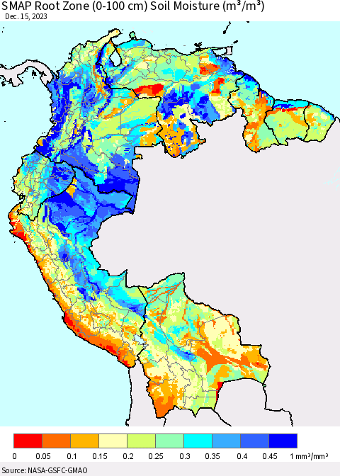 Northern South America SMAP Root Zone (0-100 cm) Soil Moisture (m³/m³) Thematic Map For 12/11/2023 - 12/15/2023