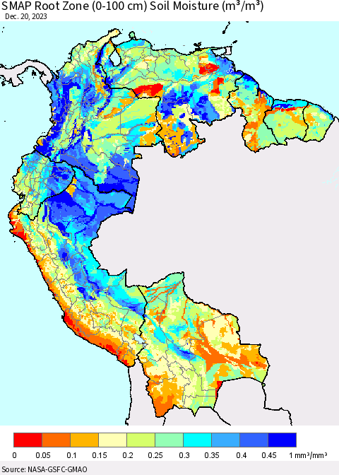 Northern South America SMAP Root Zone (0-100 cm) Soil Moisture (m³/m³) Thematic Map For 12/16/2023 - 12/20/2023