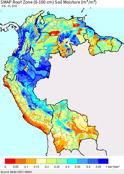 Northern South America SMAP Root Zone (0-100 cm) Soil Moisture (m³/m³) Thematic Map For 12/21/2023 - 12/25/2023