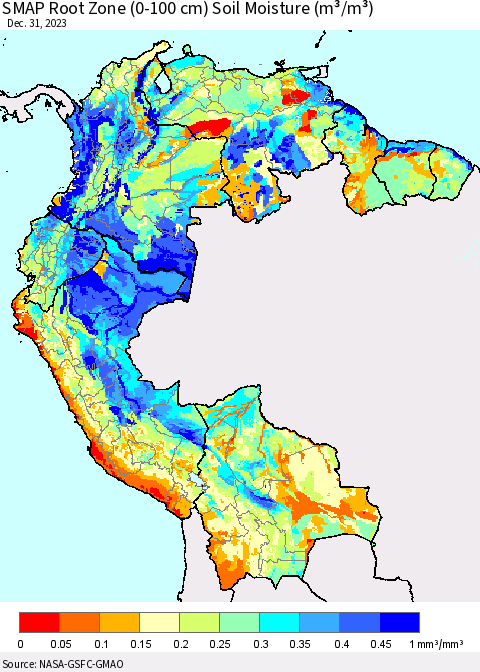 Northern South America SMAP Root Zone (0-100 cm) Soil Moisture (m³/m³) Thematic Map For 12/26/2023 - 12/31/2023