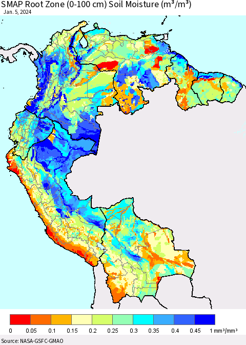Northern South America SMAP Root Zone (0-100 cm) Soil Moisture (m³/m³) Thematic Map For 1/1/2024 - 1/5/2024