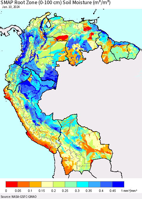 Northern South America SMAP Root Zone (0-100 cm) Soil Moisture (m³/m³) Thematic Map For 1/6/2024 - 1/10/2024