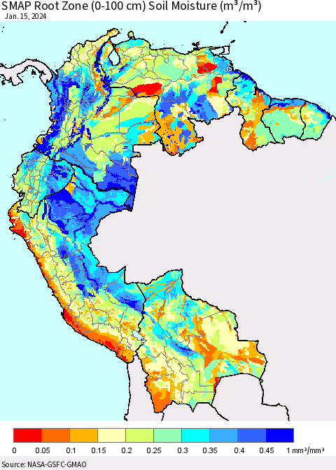 Northern South America SMAP Root Zone (0-100 cm) Soil Moisture (m³/m³) Thematic Map For 1/11/2024 - 1/15/2024