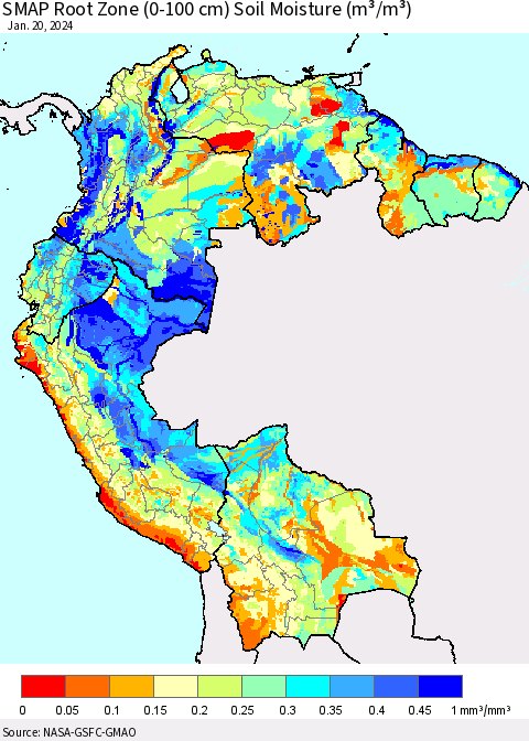 Northern South America SMAP Root Zone (0-100 cm) Soil Moisture (m³/m³) Thematic Map For 1/16/2024 - 1/20/2024