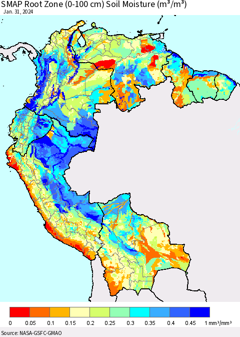 Northern South America SMAP Root Zone (0-100 cm) Soil Moisture (m³/m³) Thematic Map For 1/26/2024 - 1/31/2024
