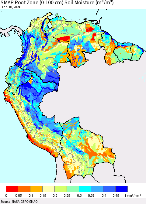 Northern South America SMAP Root Zone (0-100 cm) Soil Moisture (m³/m³) Thematic Map For 2/6/2024 - 2/10/2024