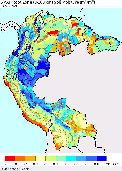 Northern South America SMAP Root Zone (0-100 cm) Soil Moisture (m³/m³) Thematic Map For 2/11/2024 - 2/15/2024