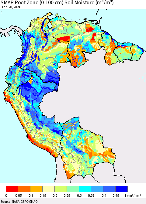 Northern South America SMAP Root Zone (0-100 cm) Soil Moisture (m³/m³) Thematic Map For 2/16/2024 - 2/20/2024