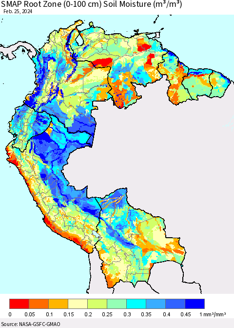 Northern South America SMAP Root Zone (0-100 cm) Soil Moisture (m³/m³) Thematic Map For 2/21/2024 - 2/25/2024