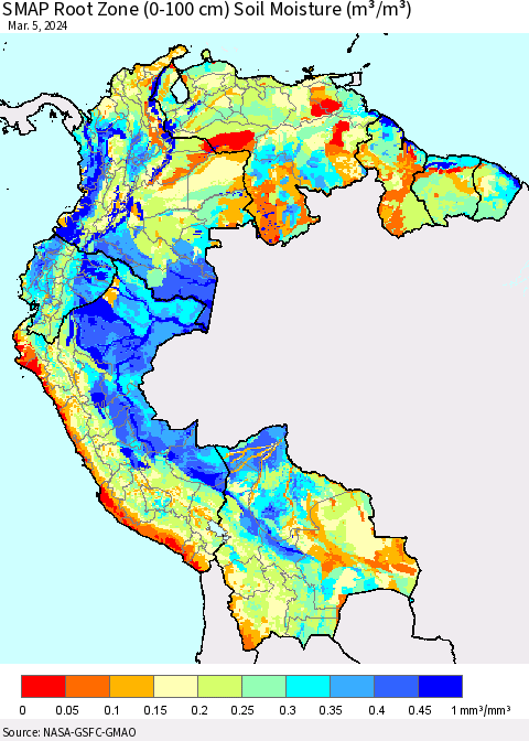 Northern South America SMAP Root Zone (0-100 cm) Soil Moisture (m³/m³) Thematic Map For 3/1/2024 - 3/5/2024