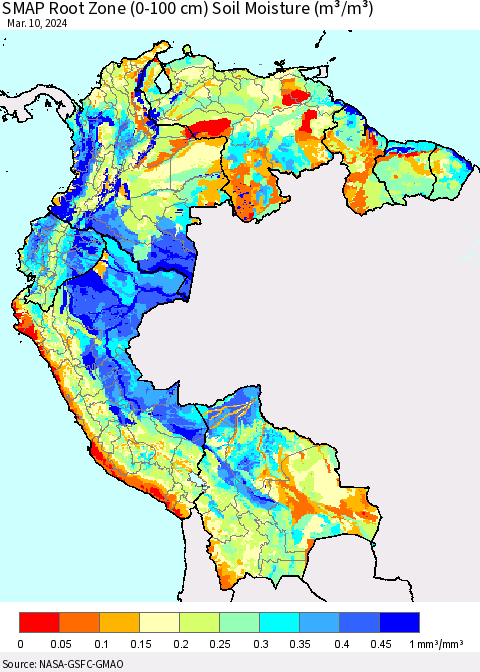 Northern South America SMAP Root Zone (0-100 cm) Soil Moisture (m³/m³) Thematic Map For 3/6/2024 - 3/10/2024