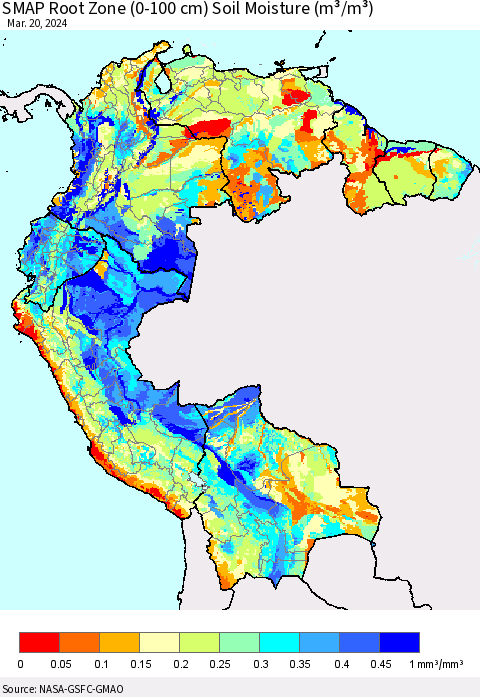 Northern South America SMAP Root Zone (0-100 cm) Soil Moisture (m³/m³) Thematic Map For 3/16/2024 - 3/20/2024