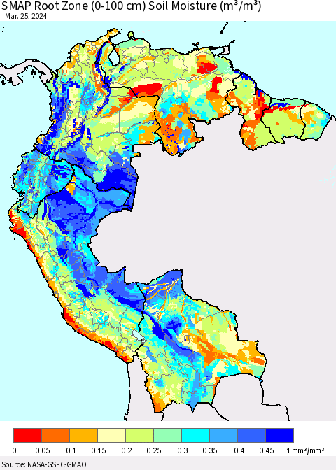 Northern South America SMAP Root Zone (0-100 cm) Soil Moisture (m³/m³) Thematic Map For 3/21/2024 - 3/25/2024