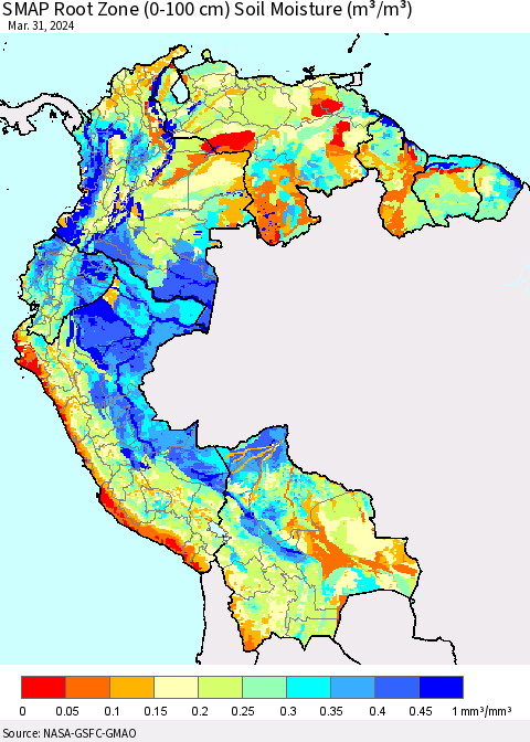 Northern South America SMAP Root Zone (0-100 cm) Soil Moisture (m³/m³) Thematic Map For 3/26/2024 - 3/31/2024