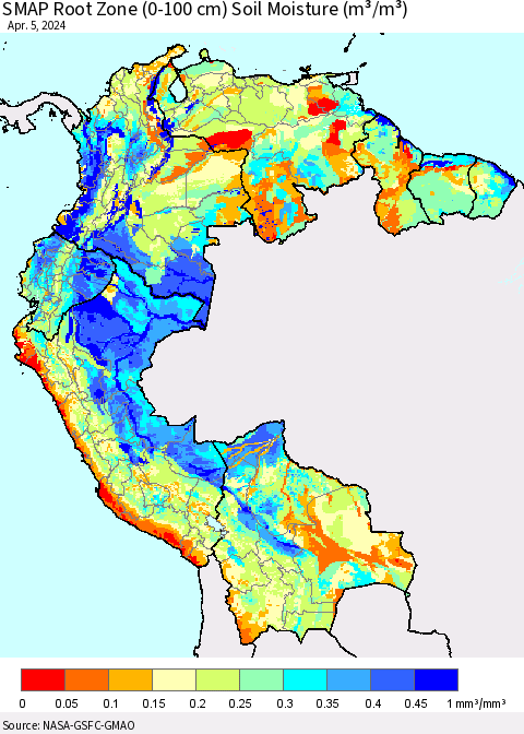 Northern South America SMAP Root Zone (0-100 cm) Soil Moisture (m³/m³) Thematic Map For 4/1/2024 - 4/5/2024