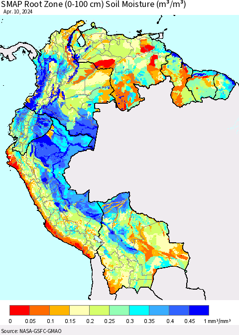 Northern South America SMAP Root Zone (0-100 cm) Soil Moisture (m³/m³) Thematic Map For 4/6/2024 - 4/10/2024