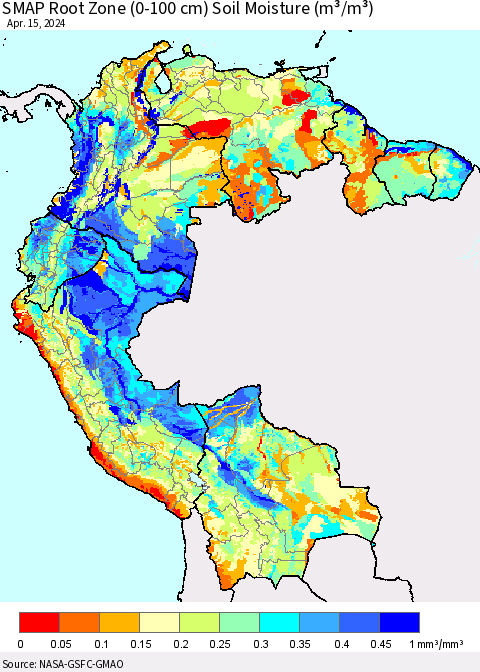 Northern South America SMAP Root Zone (0-100 cm) Soil Moisture (m³/m³) Thematic Map For 4/11/2024 - 4/15/2024
