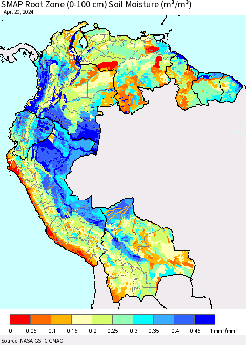 Northern South America SMAP Root Zone (0-100 cm) Soil Moisture (m³/m³) Thematic Map For 4/16/2024 - 4/20/2024