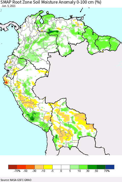 Northern South America SMAP Root Zone (0-100 cm) Soil Moisture Anomaly (%) Thematic Map For 1/1/2021 - 1/5/2021