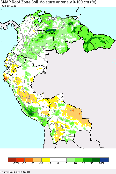 Northern South America SMAP Root Zone (0-100 cm) Soil Moisture Anomaly (%) Thematic Map For 1/6/2021 - 1/10/2021