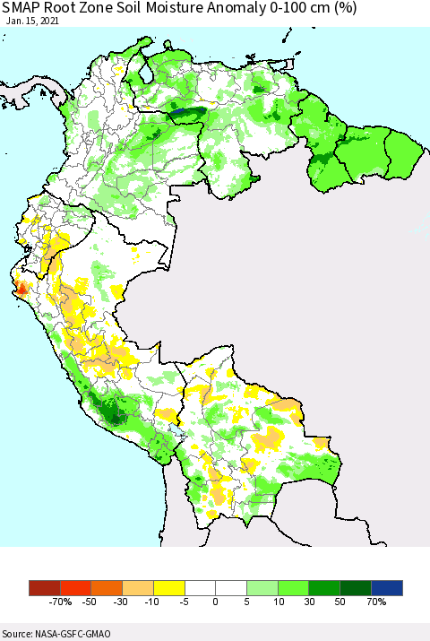 Northern South America SMAP Root Zone (0-100 cm) Soil Moisture Anomaly (%) Thematic Map For 1/11/2021 - 1/15/2021
