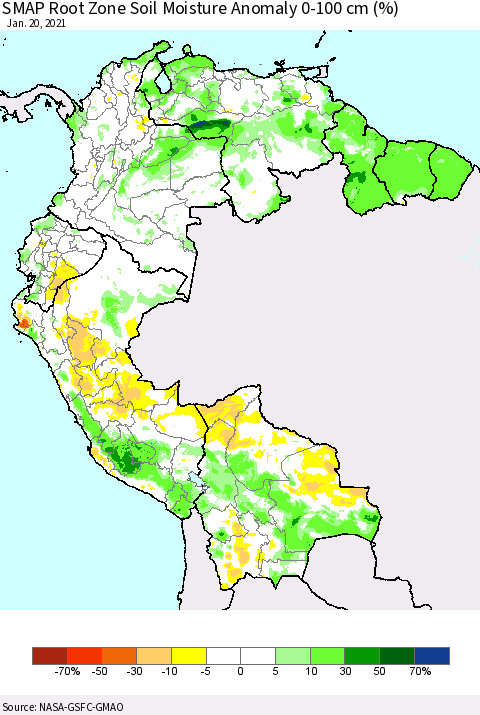 Northern South America SMAP Root Zone (0-100 cm) Soil Moisture Anomaly (%) Thematic Map For 1/16/2021 - 1/20/2021
