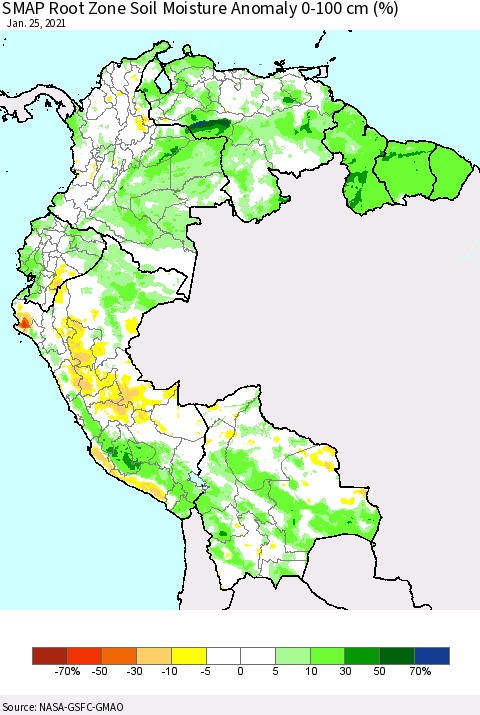 Northern South America SMAP Root Zone (0-100 cm) Soil Moisture Anomaly (%) Thematic Map For 1/21/2021 - 1/25/2021