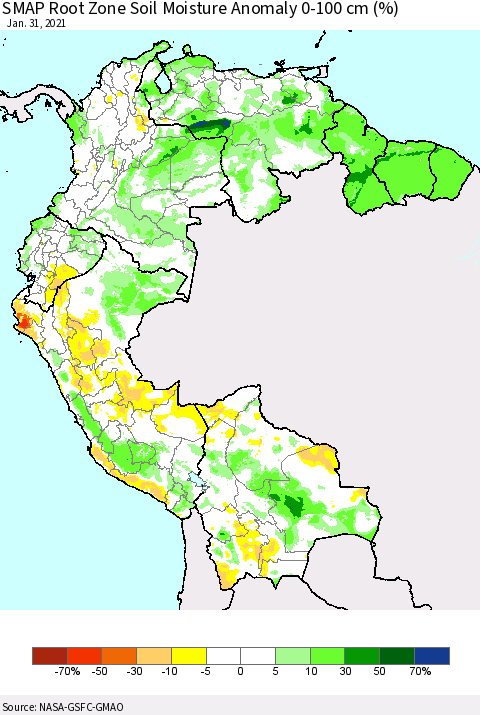 Northern South America SMAP Root Zone (0-100 cm) Soil Moisture Anomaly (%) Thematic Map For 1/26/2021 - 1/31/2021