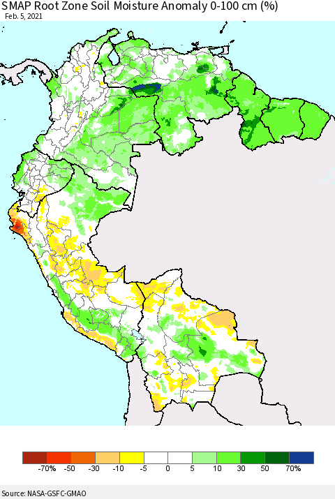 Northern South America SMAP Root Zone (0-100 cm) Soil Moisture Anomaly (%) Thematic Map For 2/1/2021 - 2/5/2021