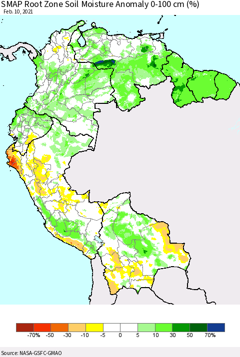 Northern South America SMAP Root Zone (0-100 cm) Soil Moisture Anomaly (%) Thematic Map For 2/6/2021 - 2/10/2021